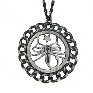 Vintage 1970s Scorpio Zodiac Necklace Pewter Pendant Scorpion Star Cuban Link